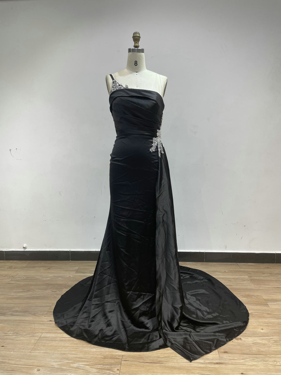 One Shoulder Beading Ruffle Satin Evening Dress MC20015