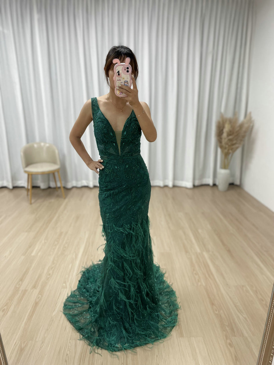 Sleeveless Couture Lace feather bottom Evening Dress MC20016