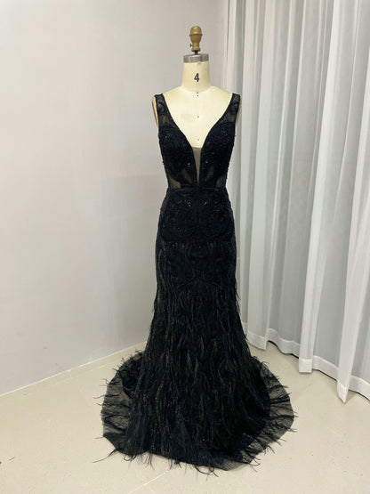 Sleeveless Couture Lace feather bottom Evening Dress MC20016