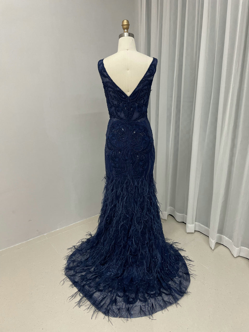 Sleeveless Couture Lace feather bottom Evening Dress MC20016