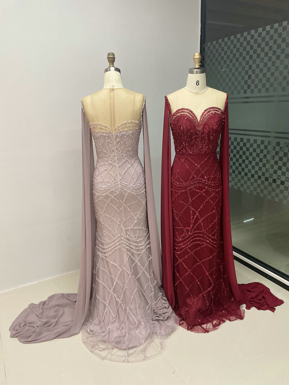 Burgundy Beaed Mermaid Evening Gown with Sheer Bodice and Floor-Length Capes MC20030