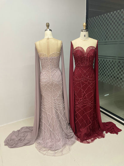 Burgundy Beaed Mermaid Evening Gown with Sheer Bodice and Floor-Length Capes MC20030