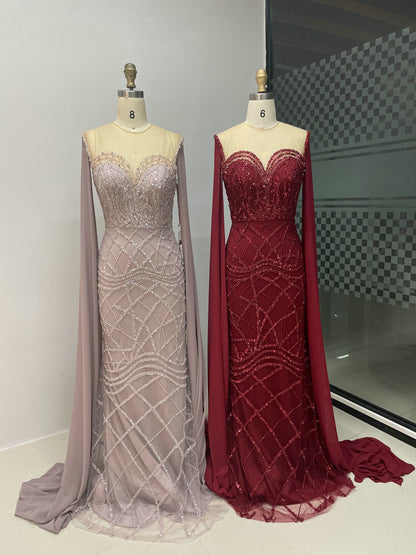 Burgundy Beaed Mermaid Evening Gown with Sheer Bodice and Floor-Length Capes MC20030
