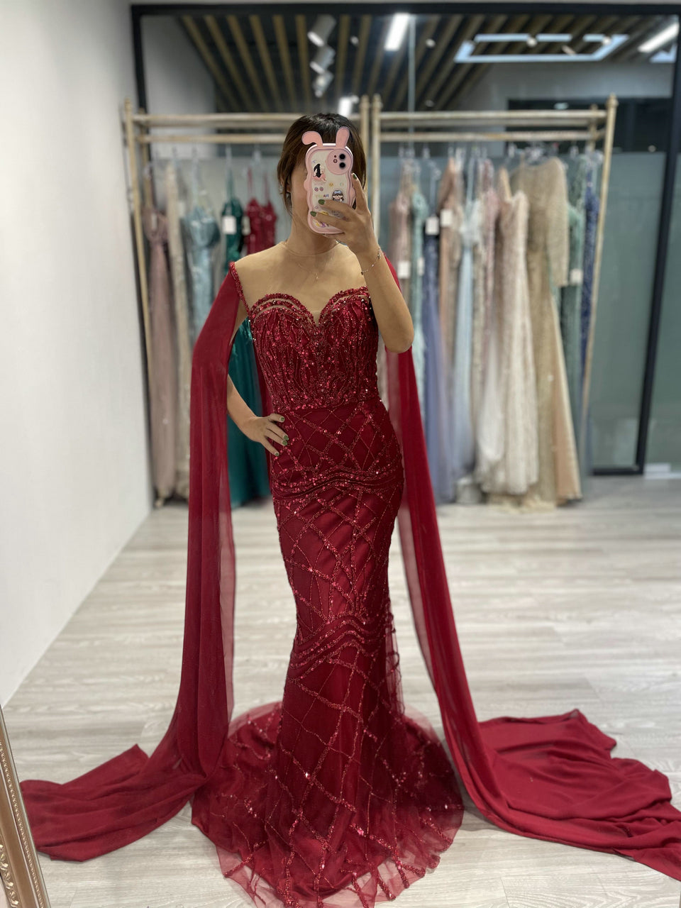 Burgundy Beaed Mermaid Evening Gown with Sheer Bodice and Floor-Length Capes MC20030