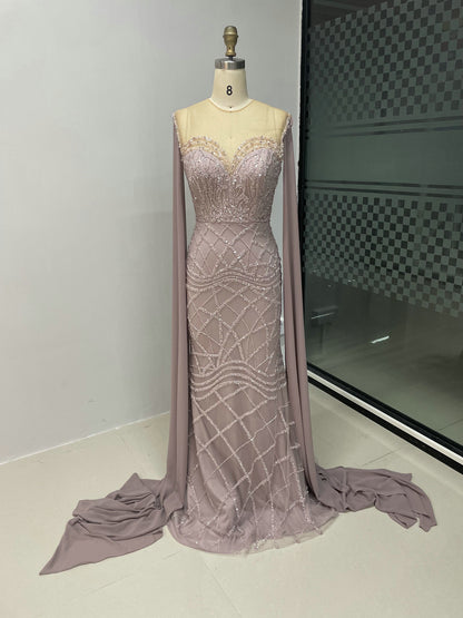 Burgundy Beaed Mermaid Evening Gown with Sheer Bodice and Floor-Length Capes MC20030