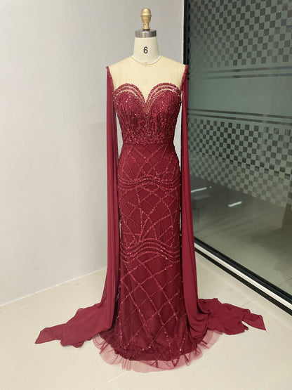 Burgundy Beaed Mermaid Evening Gown with Sheer Bodice and Floor-Length Capes MC20030