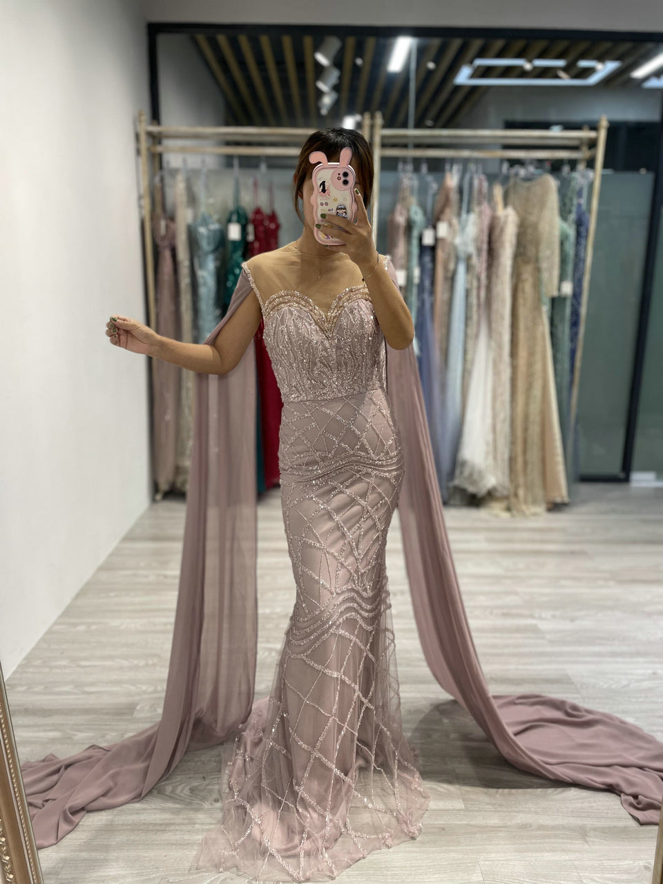 Burgundy Beaed Mermaid Evening Gown with Sheer Bodice and Floor-Length Capes MC20030