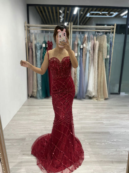 Burgundy Beaed Mermaid Evening Gown with Sheer Bodice and Floor-Length Capes MC20030