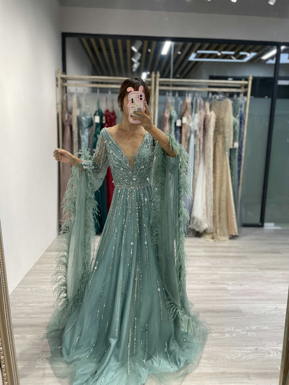Sparkly A-Line Prom Dress with Plunging V-Neck and Feather Trim - Blue MC20033