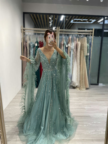 Sparkly A-Line Prom Dress with Plunging V-Neck and Feather Trim - Blue MC20033