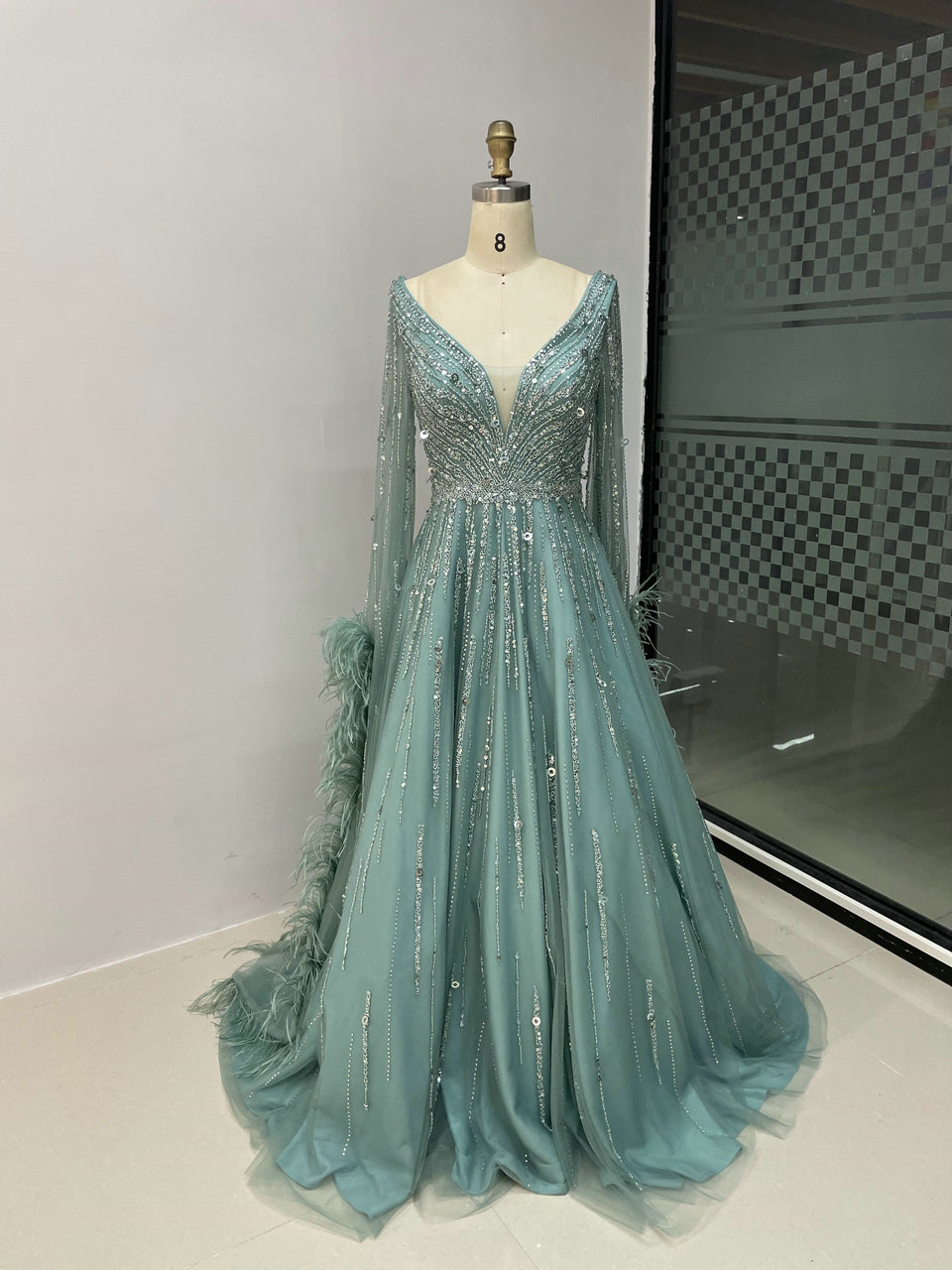 Sparkly A-Line Prom Dress with Plunging V-Neck and Feather Trim - Blue MC20033