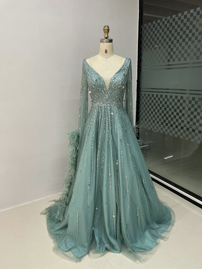 Sparkly A-Line Prom Dress with Plunging V-Neck and Feather Trim - Blue MC20033