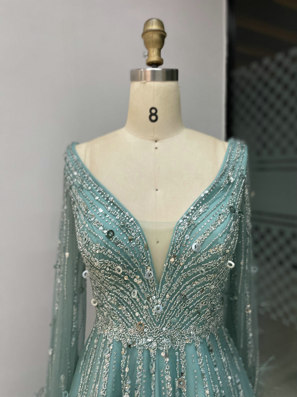 Sparkly A-Line Prom Dress with Plunging V-Neck and Feather Trim - Blue MC20033