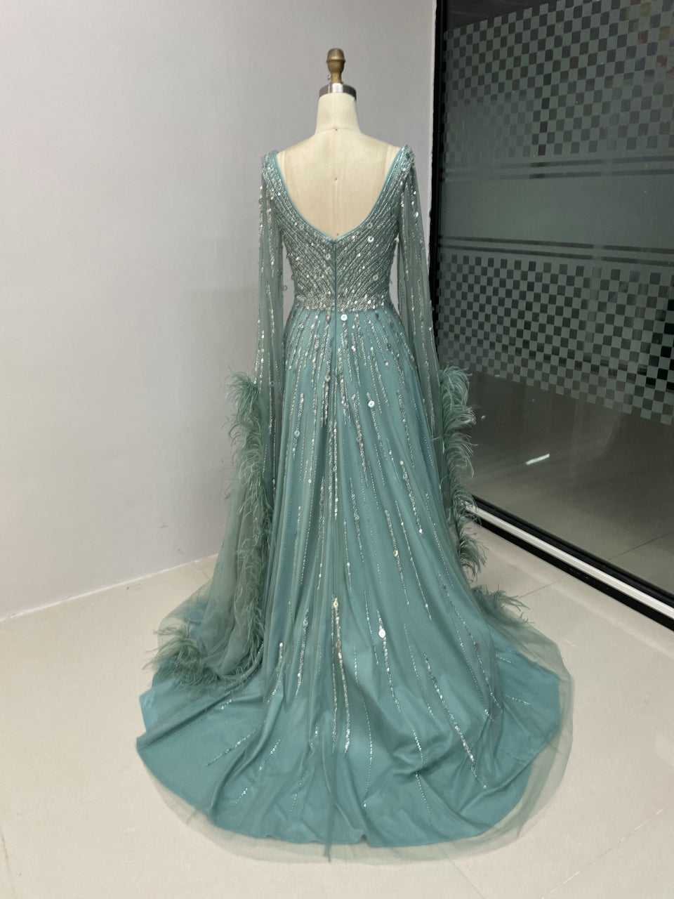 Sparkly A-Line Prom Dress with Plunging V-Neck and Feather Trim - Blue MC20033