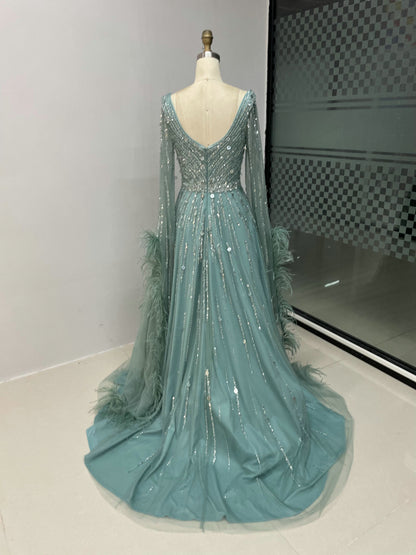 Sparkly A-Line Prom Dress with Plunging V-Neck and Feather Trim - Blue MC20033