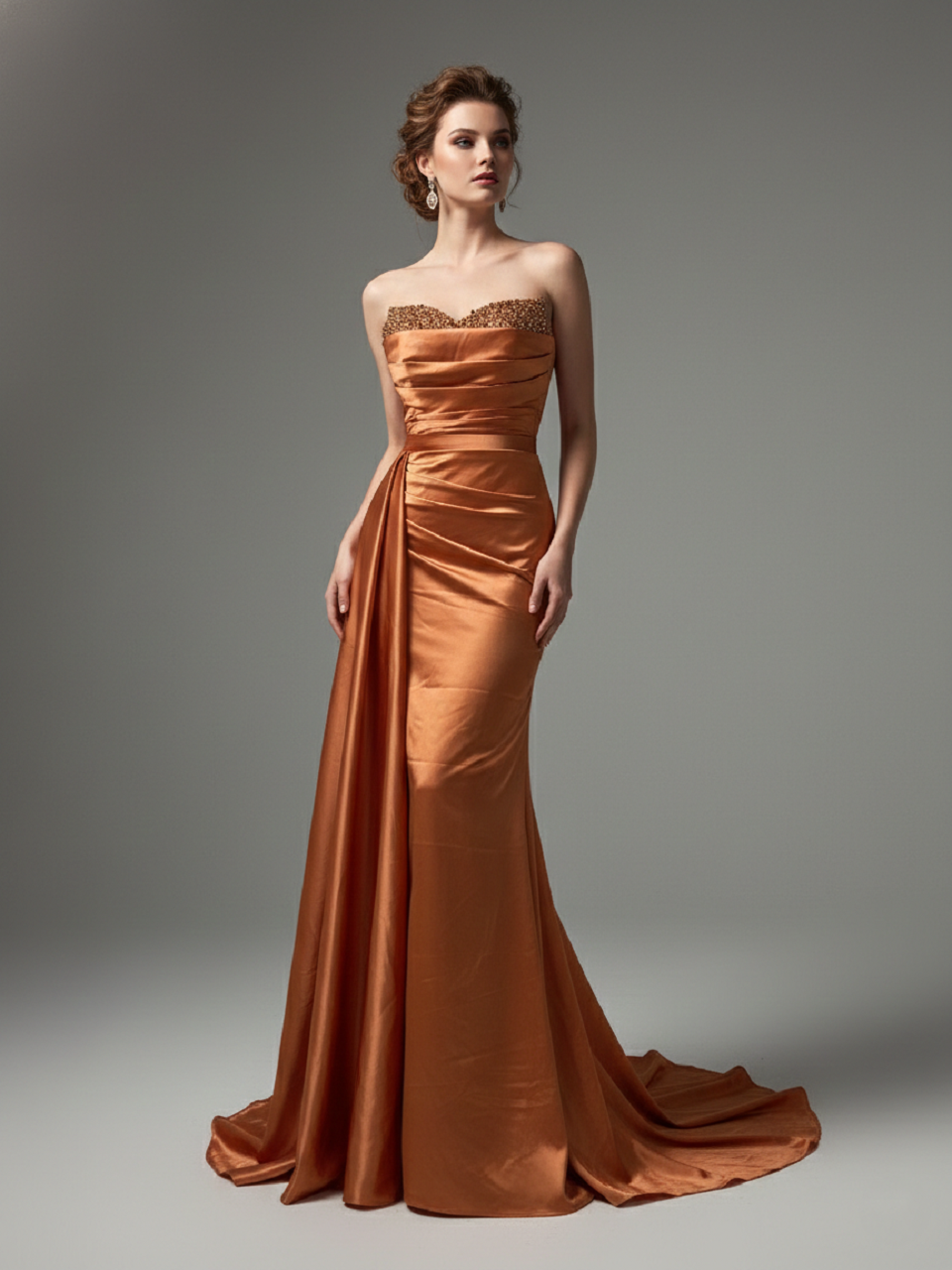 Orange Satin Beaded Evening Gown - Ruched Prom Dress MC20037