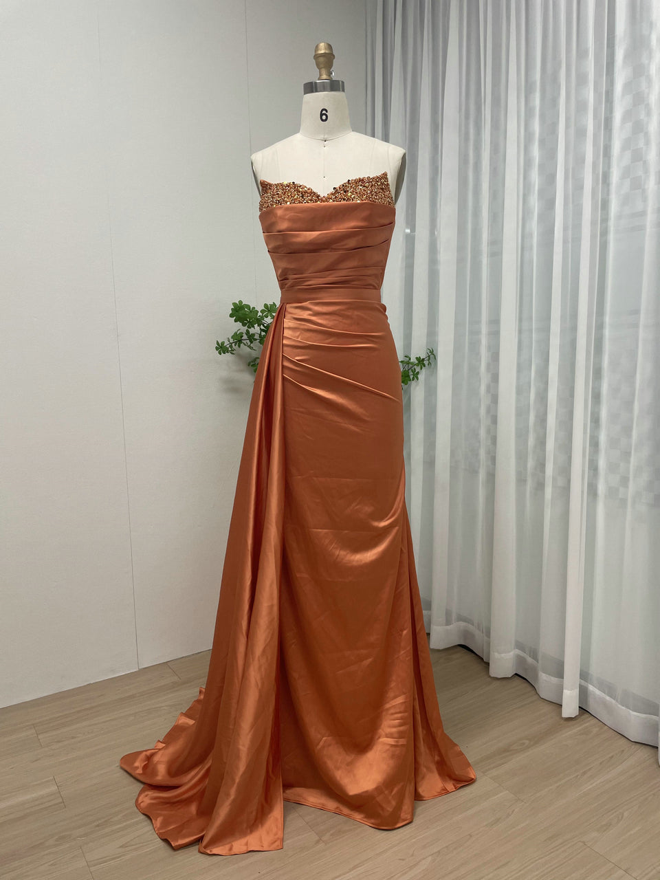 Orange Satin Beaded Evening Gown - Ruched Prom Dress MC20037