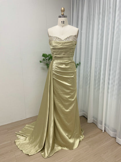 Orange Satin Beaded Evening Gown - Ruched Prom Dress MC20037