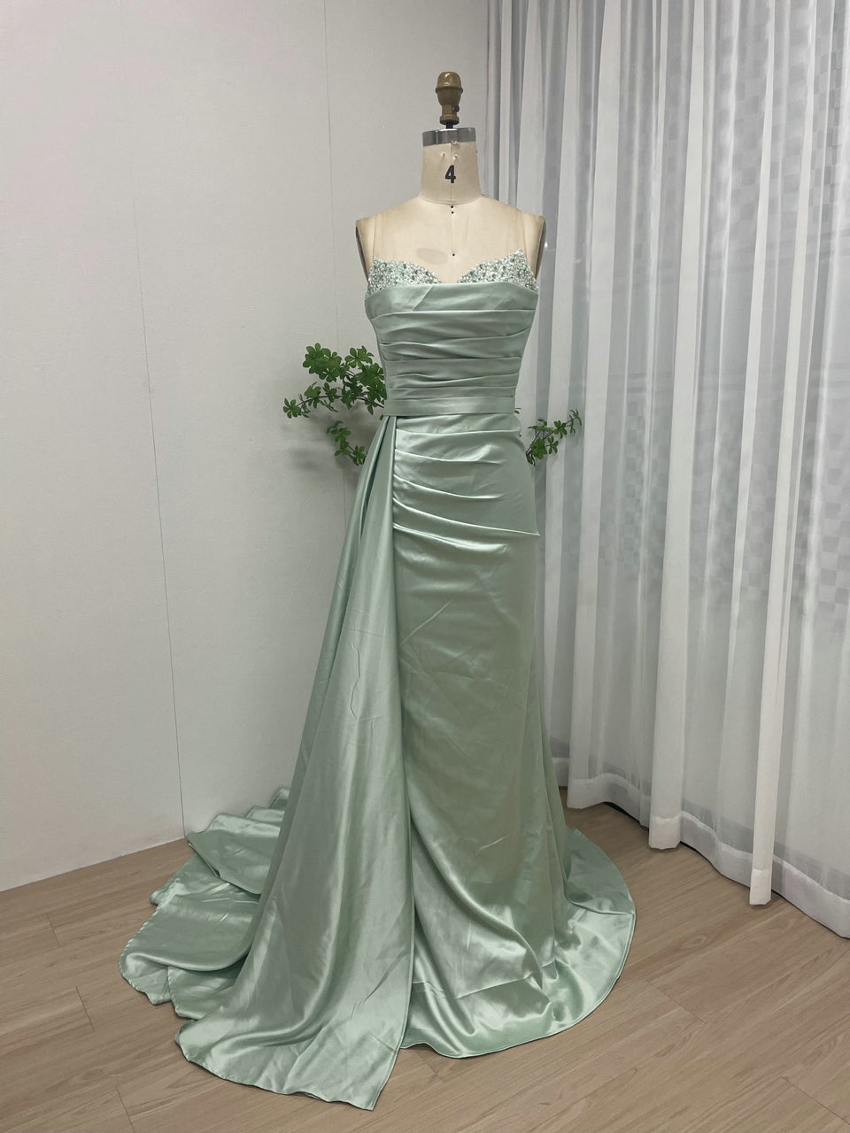 Orange Satin Beaded Evening Gown - Ruched Prom Dress MC20037