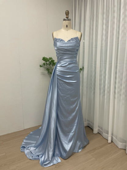 Orange Satin Beaded Evening Gown - Ruched Prom Dress MC20037