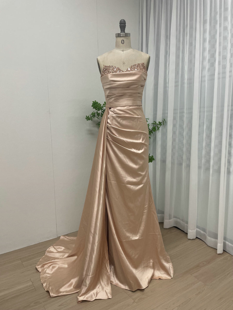 Orange Satin Beaded Evening Gown - Ruched Prom Dress MC20037