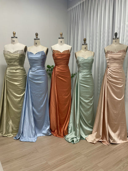 Orange Satin Beaded Evening Gown - Ruched Prom Dress MC20037