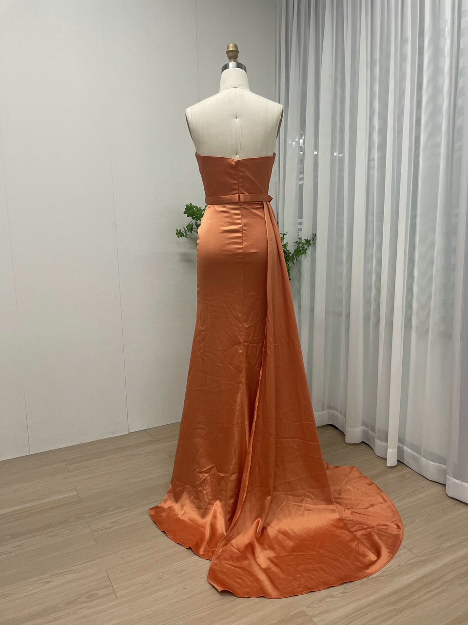 Orange Satin Beaded Evening Gown - Ruched Prom Dress MC20037