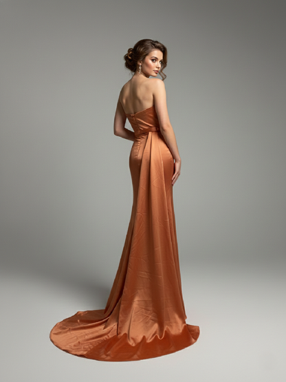 Orange Satin Beaded Evening Gown - Ruched Prom Dress MC20037