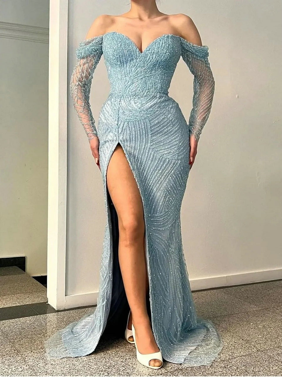 Blue Beaed Off-The-Shoulder Prom Dress with Long Sleeves & Slit MC20038