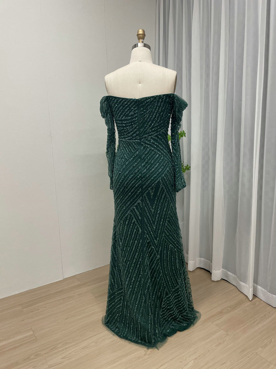 Blue Beaed Off-The-Shoulder Prom Dress with Long Sleeves & Slit MC20038