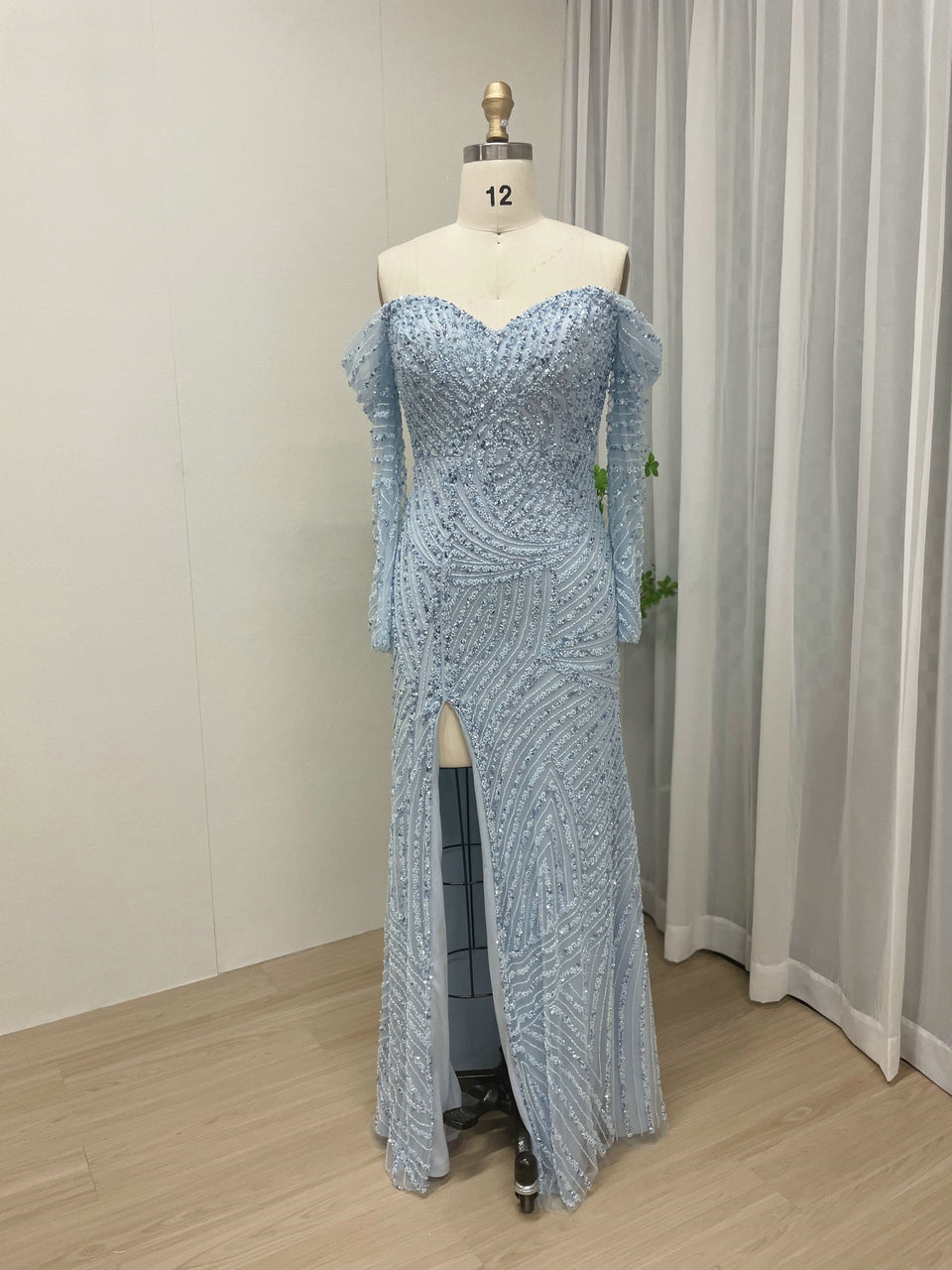 Blue Beaed Off-The-Shoulder Prom Dress with Long Sleeves & Slit MC20038