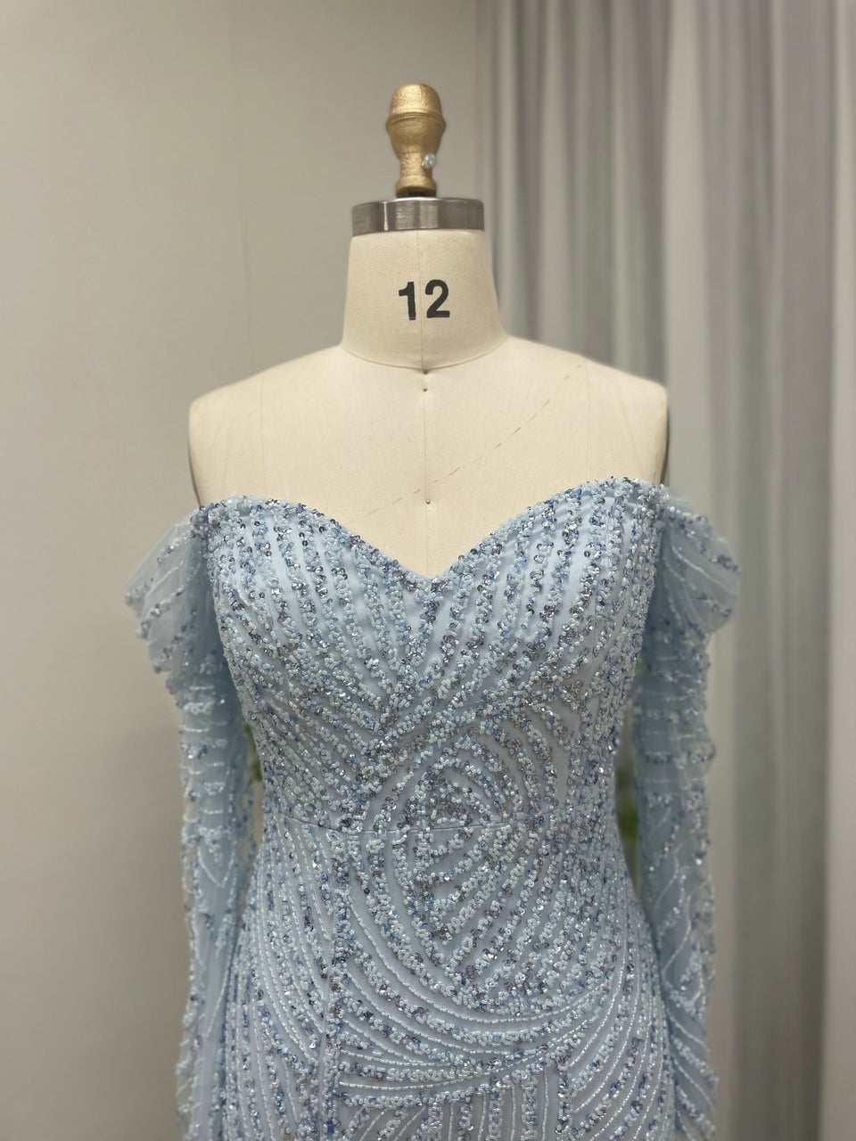 Blue Beaed Off-The-Shoulder Prom Dress with Long Sleeves & Slit MC20038