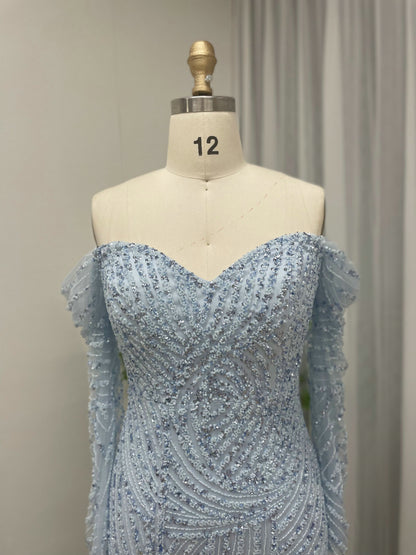 Blue Beaed Off-The-Shoulder Prom Dress with Long Sleeves & Slit MC20038