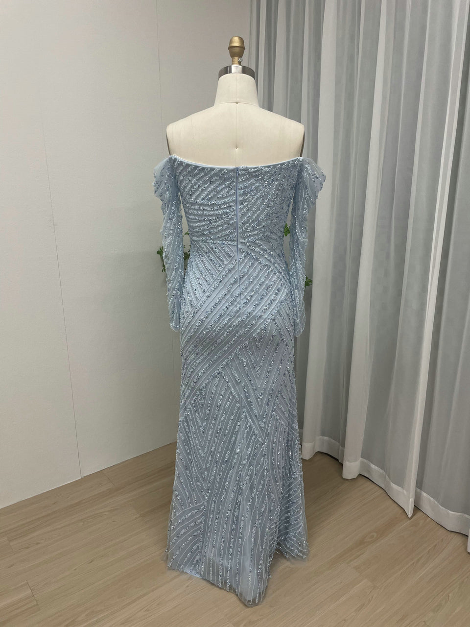 Blue Beaed Off-The-Shoulder Prom Dress with Long Sleeves & Slit MC20038