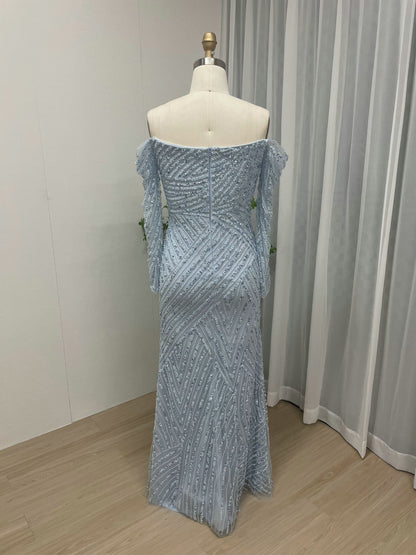 Blue Beaed Off-The-Shoulder Prom Dress with Long Sleeves & Slit MC20038