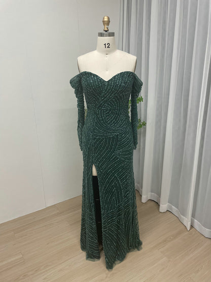Blue Beaed Off-The-Shoulder Prom Dress with Long Sleeves & Slit MC20038