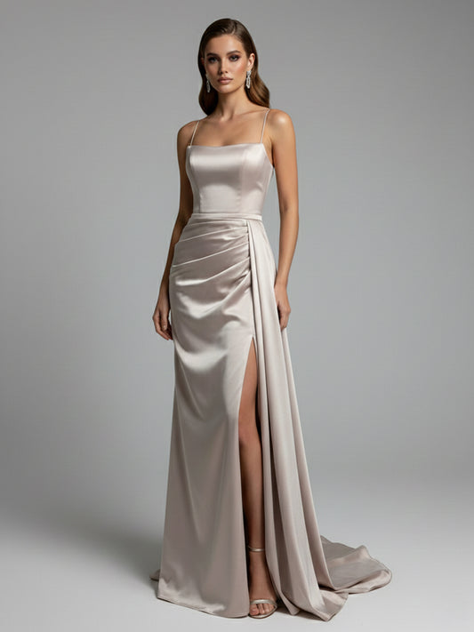 Elegant Satin Evening Gown with Shoulder Straps Draped Side Design and High Slit - Pink MC20040B