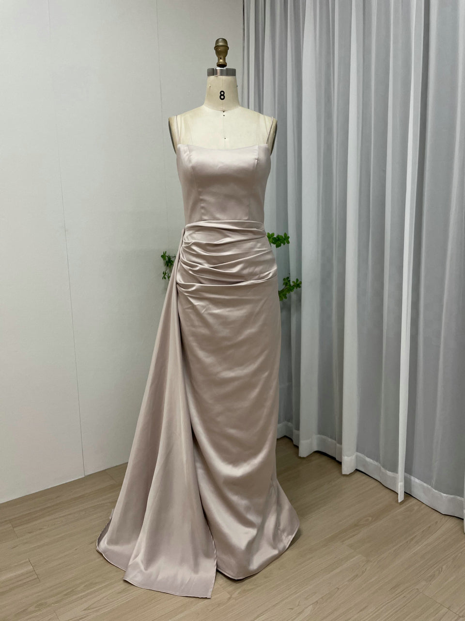 Elegant Satin Evening Gown with Shoulder Straps Draped Side Design and High Slit - Pink MC20040B