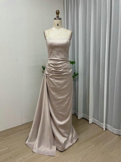 Elegant Satin Evening Gown with Shoulder Straps Draped Side Design and High Slit - Pink MC20040B