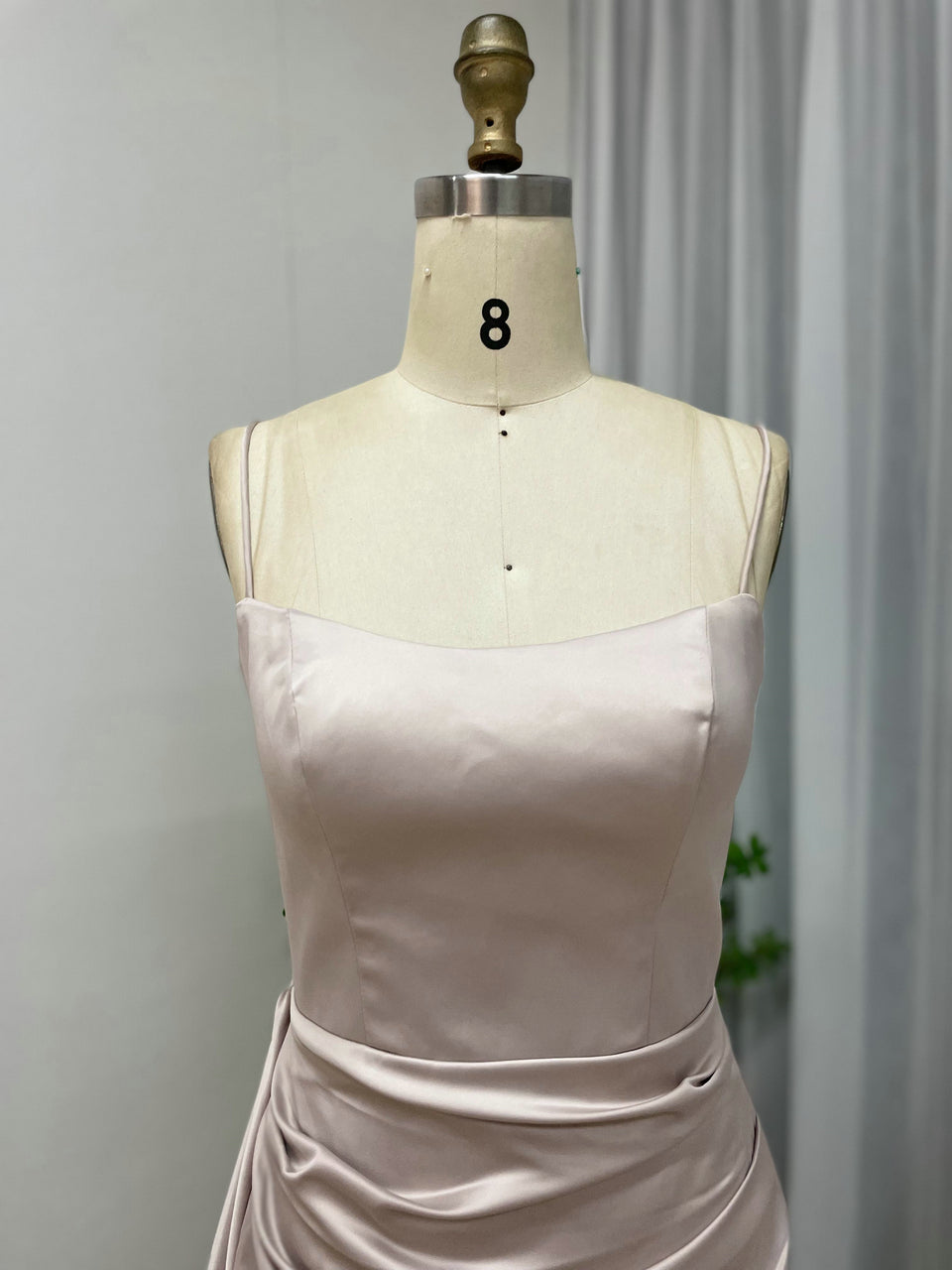 Elegant Satin Evening Gown with Shoulder Straps Draped Side Design and High Slit - Pink MC20040B