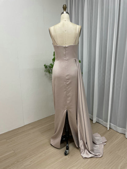 Elegant Satin Evening Gown with Shoulder Straps Draped Side Design and High Slit - Pink MC20040B