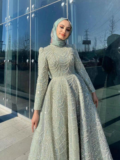 Green Beaed Hight Neck Gala Gown - Long Sleeve Beaded A-Line Evening Dress MC20041