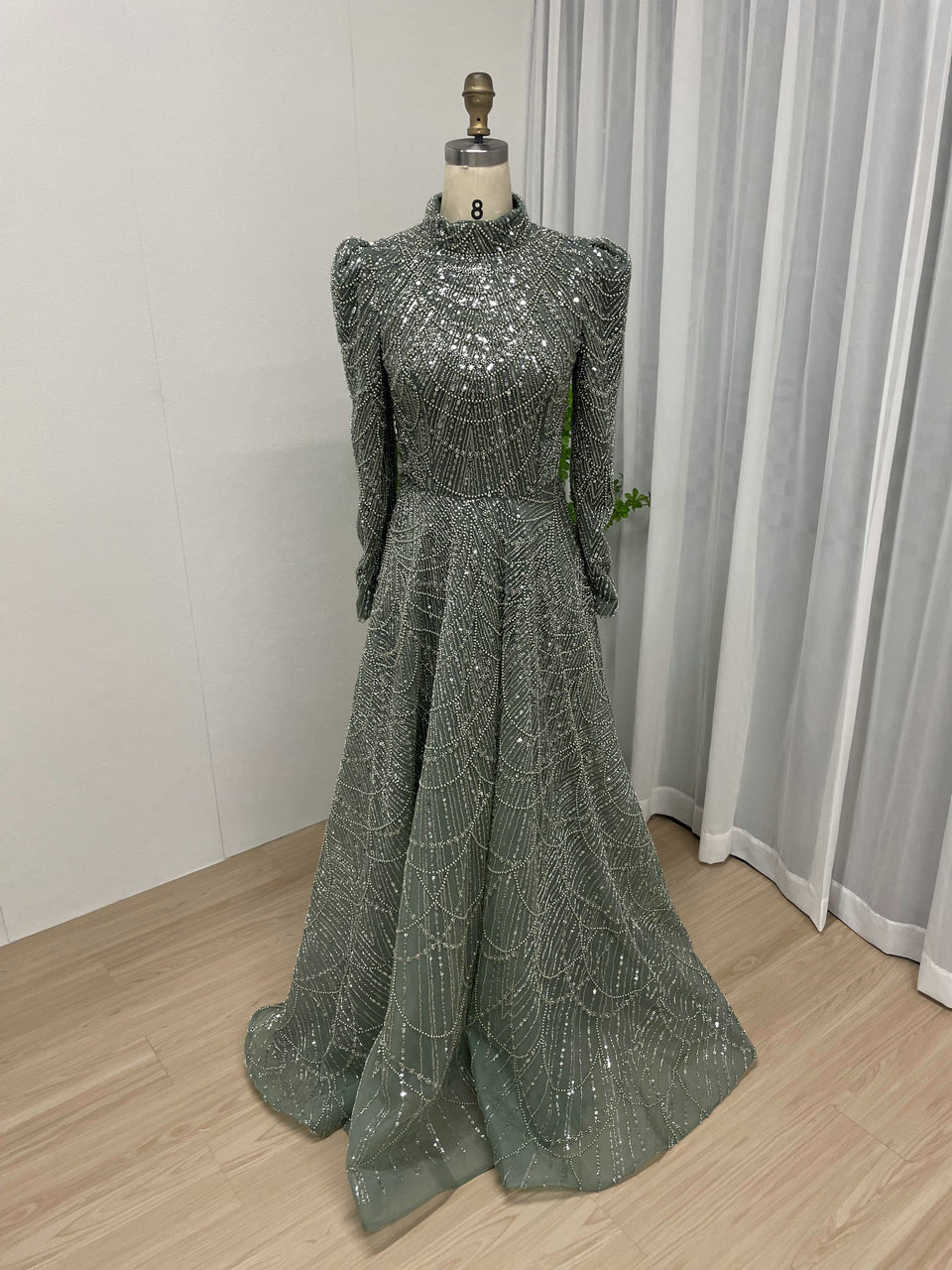 Green Beaed Hight Neck Gala Gown - Long Sleeve Beaded A-Line Evening Dress MC20041