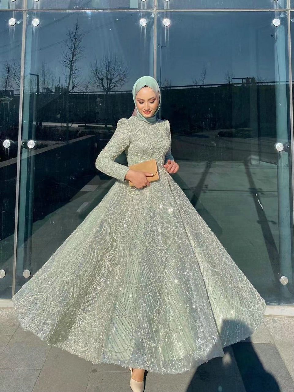 Green Beaed Hight Neck Gala Gown - Long Sleeve Beaded A-Line Evening Dress MC20041