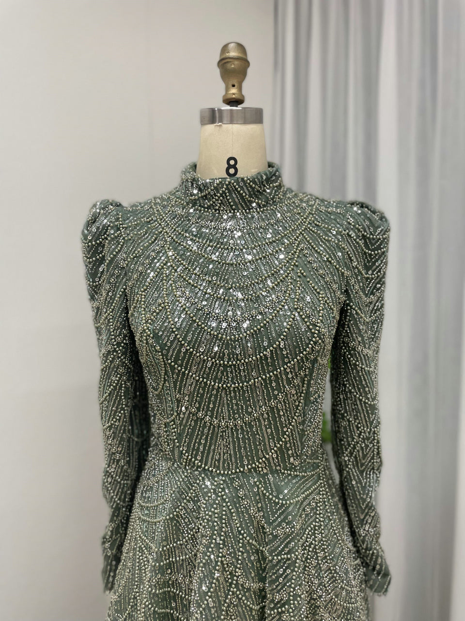 Green Beaed Hight Neck Gala Gown - Long Sleeve Beaded A-Line Evening Dress MC20041
