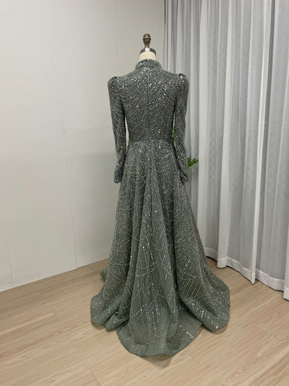 Green Beaed Hight Neck Gala Gown - Long Sleeve Beaded A-Line Evening Dress MC20041