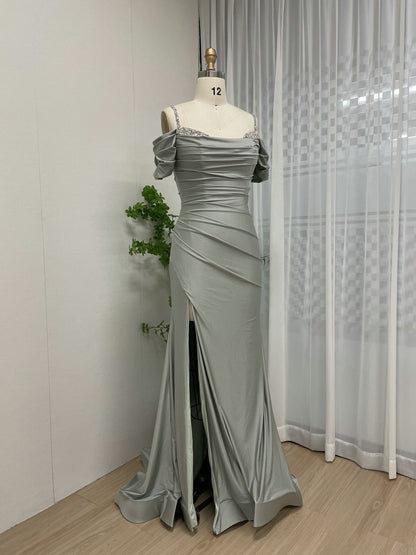 Elegant Sage Green Off-the-Shoulder Ruched Evening Gown with Beaded Straps & High Slit MC20043-3