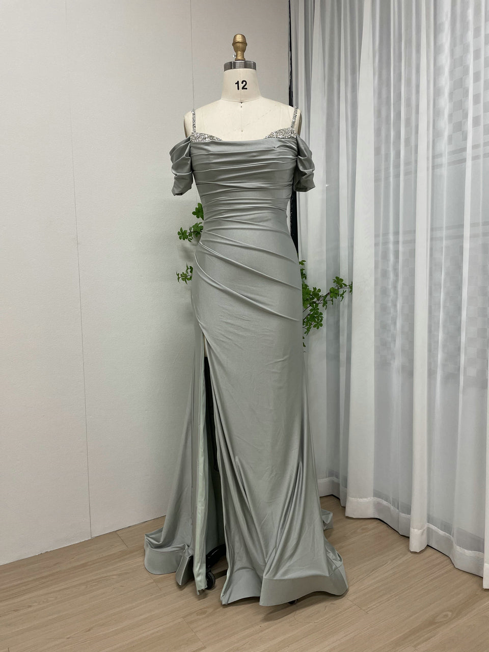 Elegant Sage Green Off-the-Shoulder Ruched Evening Gown with Beaded Straps & High Slit MC20043-3