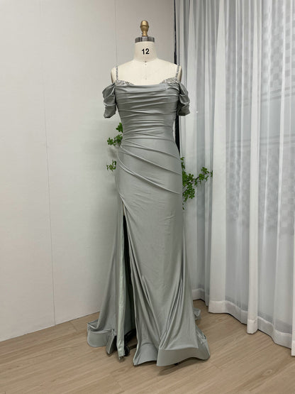 Elegant Sage Green Off-the-Shoulder Ruched Evening Gown with Beaded Straps & High Slit MC20043-3