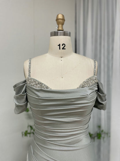 Elegant Sage Green Off-the-Shoulder Ruched Evening Gown with Beaded Straps & High Slit MC20043-3